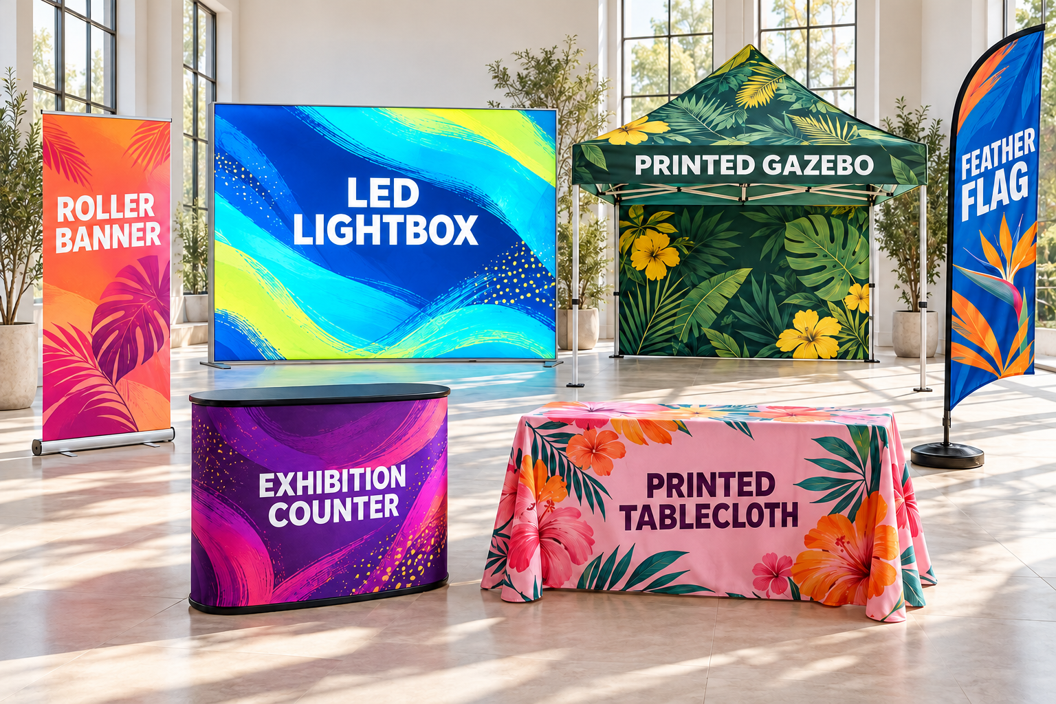 Colourful roller banner, LED lightbox, printed gazebo, feather flag, exhibition counter and printed tablecloth