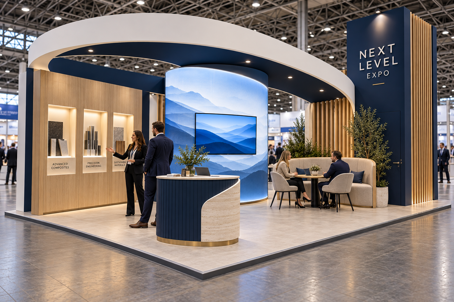 Exhibition stand concept showing an LED lightbox, reception counter and digital display
